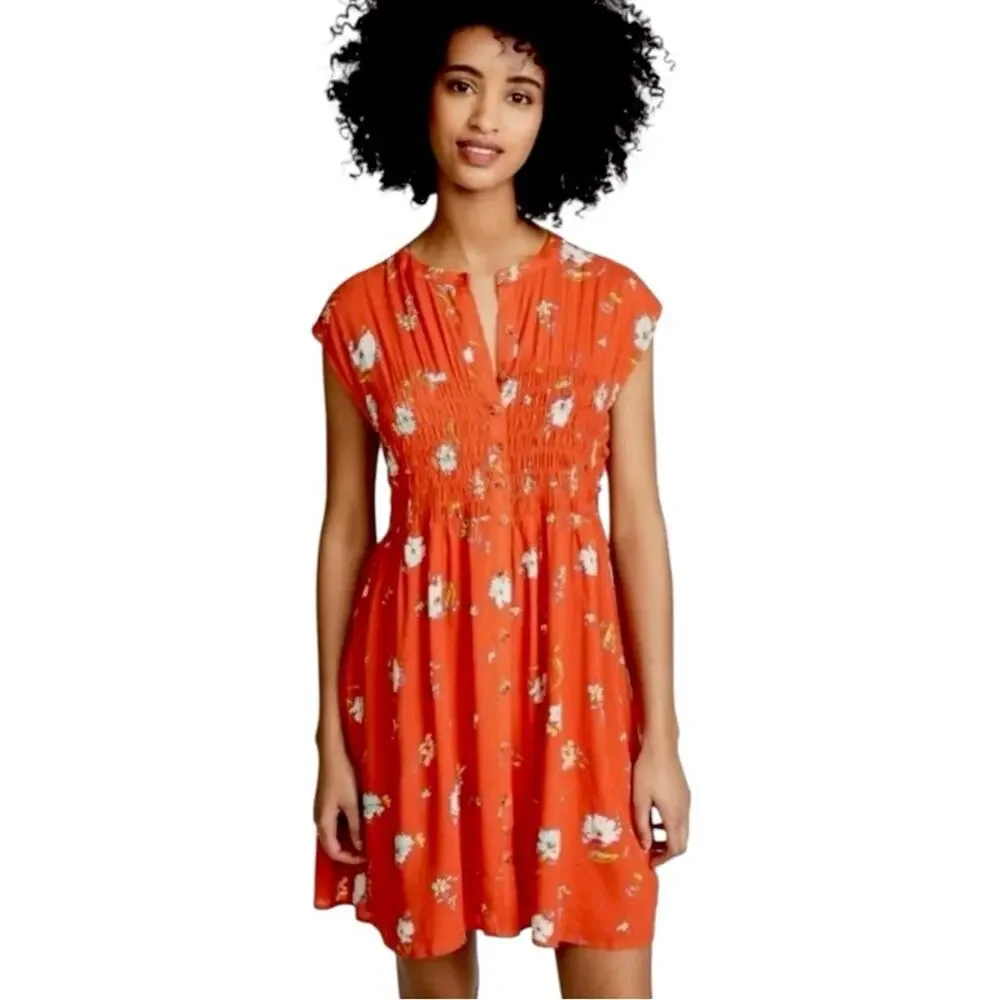 Free People Dress Smocked Waist Button Front Red Floral Women’s Size Medium